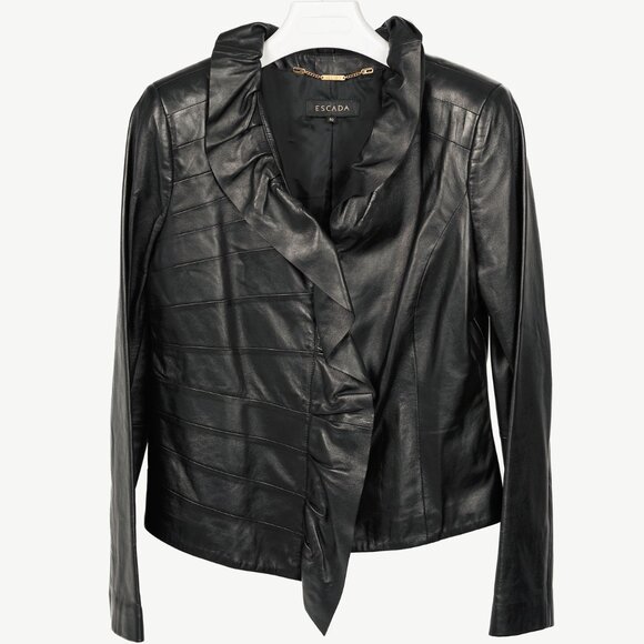 Escada Luloo Black Leather Ruffle-Trim Jacket - Picture 1 of 10